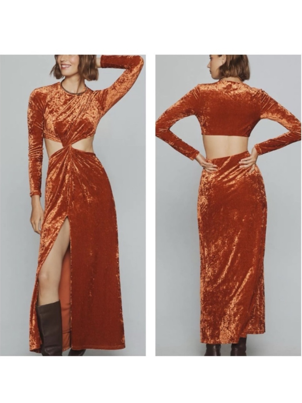 Anthropologie Significant Other Astrid Orange Velvet Long Sleeve Maxi Dress